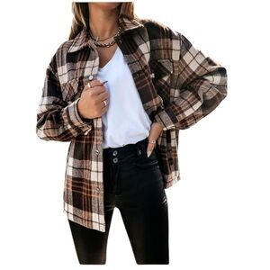 Miss Selfie Flannel PLAID Button Down Oversized Shirt Shacket Long Sleeve XL